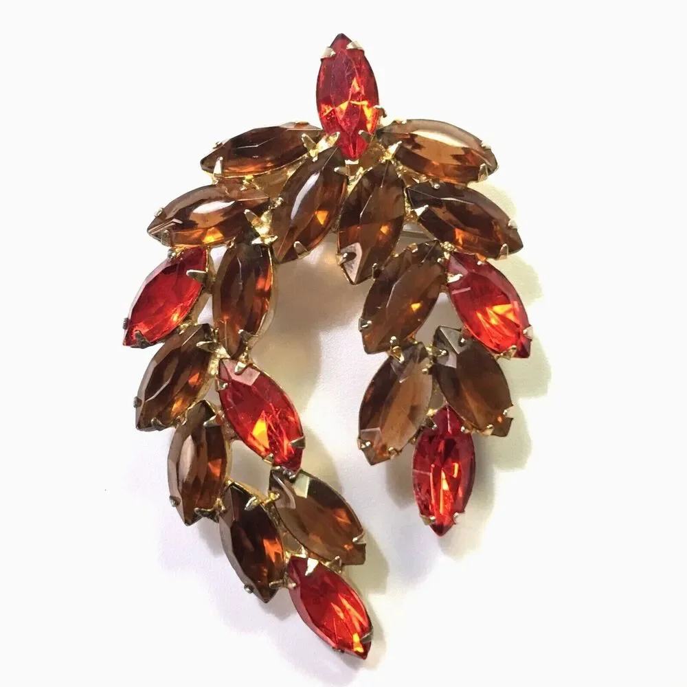 Vintage Glass Rhinestone Brooch Brown Topaz Color & Orange Navettes